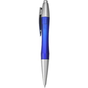A plastic pen featuring a blue body and silver accents, complete with a clip and a logo.