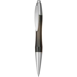 A plastic pen in black and silver with a sleek design and a clip on the side. It features a logo on the body.