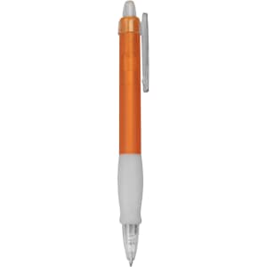 An orange and white plastic pen with a clear grip and a clip for easy attachment.