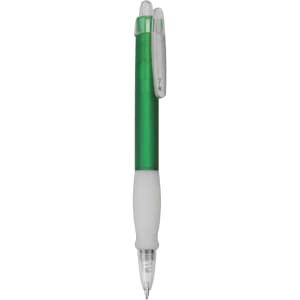 A green plastic pen with a clear clip and a white grip. It features a logo on the side.