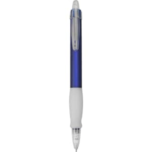 A blue plastic pen with a white grip and a clear cap. The pen features branding on the barrel.