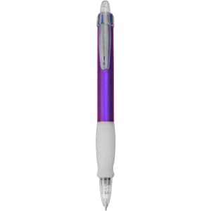 A plastic pen featuring a purple and clear design with a white grip and a clip for convenience.