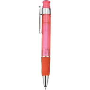 A pen featuring a pink transparent body, silver accents, and an orange grip. It includes a logo on the body.
