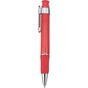 A red plastic pen with a silver clip and a soft grip section. The pen features branding on the barrel.