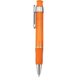 An orange plastic pen with a silver clip and a rubber grip. The pen features a transparent barrel.