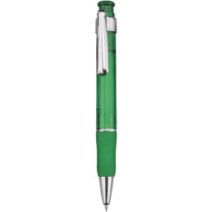 A green plastic pen with a silver clip and grip. The pen features a transparent barrel with a logo.