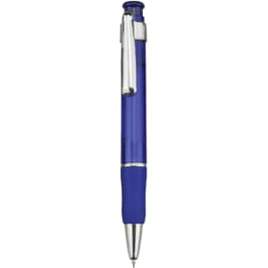A blue plastic pen with a silver clip and grip, featuring a streamlined design and a logo.