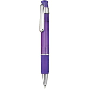 A plastic pen in purple with a silver clip and grip section. It has a transparent barrel showcasing the ink.