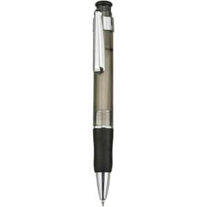 A plastic pen in grey with a chrome clip and a textured black grip. It features a logo on the barrel.