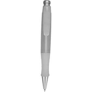A plastic pen in translucent white with a silver clip and grip. It features a smooth writing tip.
