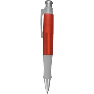 A plastic pen featuring a red barrel and a white grip, with a silver clip and nib. It has a logo on the barrel.