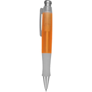 An orange and grey plastic pen with a silver trim and a logo on the barrel.
