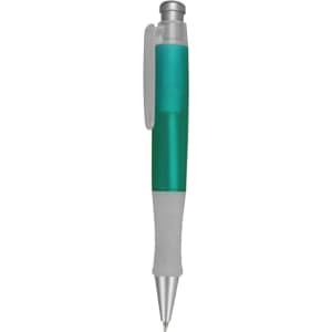 A plastic pen featuring a silver tip, grey clip, and a transparent teal barrel with a textured grip.