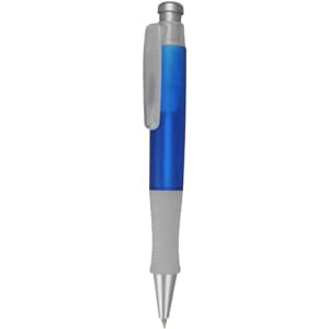 A plastic pen with a blue and clear barrel, featuring a silver tip and a textured grey grip.