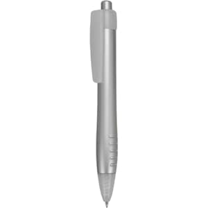 A silver plastic pen featuring a clip and grip, with a logo on its side.