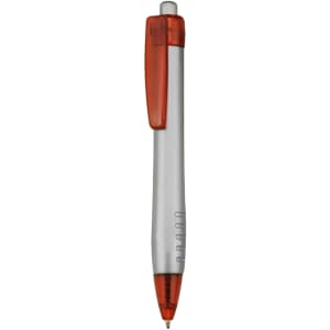A plastic pen with a silver barrel, orange accents, and a clip. It includes a logo on the barrel.