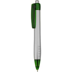 A plastic pen featuring a green clip and tip with a silver barrel. The pen has a logo on the body.