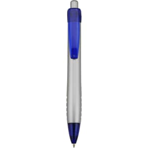 A plastic pen with a silver barrel and a blue grip and click top, featuring a branding logo.