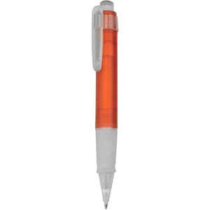 An orange and white plastic pen with a clear barrel and a clip on the side.