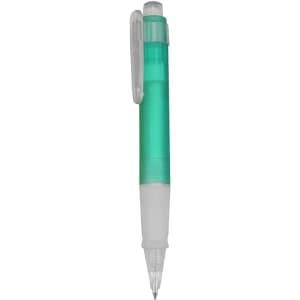A plastic pen with a green barrel and a clear grip, featuring a clip and a visible nib.