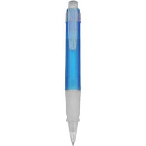 A plastic pen with a transparent blue barrel and a white grip. It features a click mechanism and a clear top.
