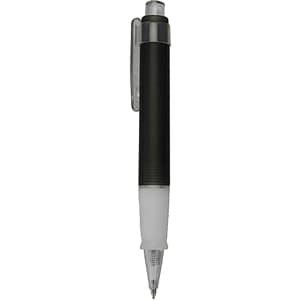 A black plastic pen with a silver clip and a transparent tip. The pen has a textured grip for better handling.