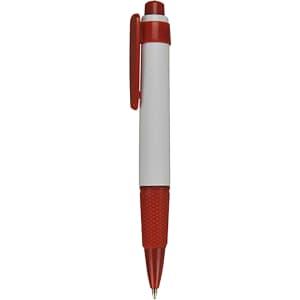 A plastic pen featuring a red grip and clip with a white barrel. It includes a logo on the surface.