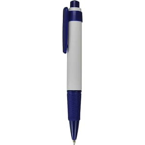 A plastic pen featuring a white barrel, blue accents, and a textured grip. It includes a logo on the surface.