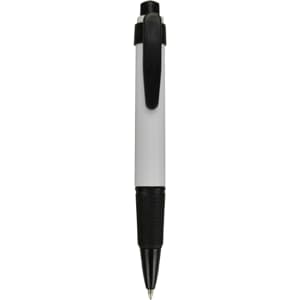 A plastic pen in white and black with a textured grip and clip, featuring a logo.