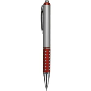 A silver and red plastic pen with a textured grip and decorative elements, featuring a clip and a logo.