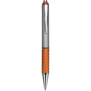 A plastic pen featuring an orange grip and silver accents, with a logo on the barrel.