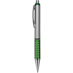 A plastic pen with a silver barrel and green grip featuring a dotted design. It includes a metal clip and ballpoint tip.