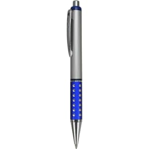 A plastic pen with a silver body and blue grip, featuring a shiny dot design and a clip.