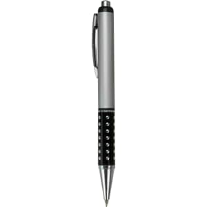 A plastic pen in silver and black featuring a textured grip and a clip, with decorative embellishments.