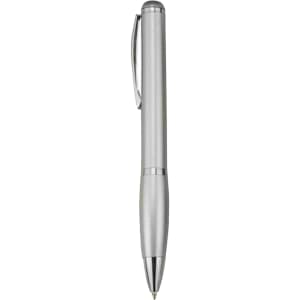 A silver plastic pen featuring a sleek design and a clip for easy attachment. It includes a brand logo on the barrel.