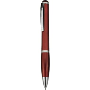A red plastic pen with a shiny silver clip and accents, featuring a branding logo.