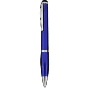 A blue plastic pen with a silver clip and accents, featuring a sleek, modern design.