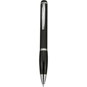 A black plastic pen with chrome accents and a clip, featuring a sleek, modern design.