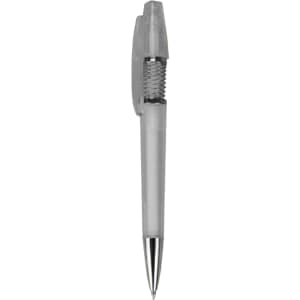 A plastic pen with a translucent grey body and silver accents, featuring a retractable mechanism and a branding logo.