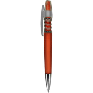 A plastic pen in vibrant orange with a transparent grip and silver-toned tip, featuring a logo.