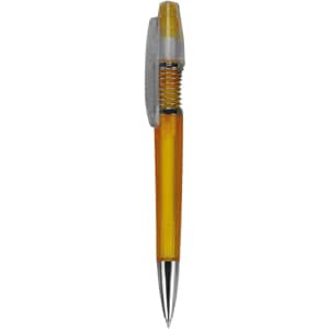 A plastic pen with a transparent yellow barrel, silver accents, and a clear clip. It features a logo on the barrel.