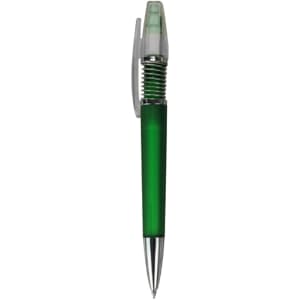 A green plastic pen with a clear cap and a silver metal tip, featuring a logo on its body.
