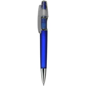 A blue plastic pen with a clear clip and grip, featuring a shiny silver tip. The pen has a logo on it.