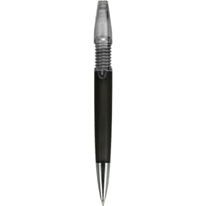 A black plastic pen with a clear cap and metallic accents. It features a logo on the barrel.