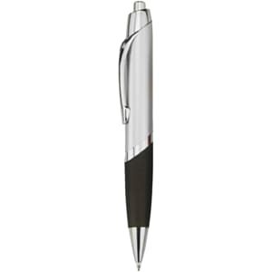 A plastic pen with a chrome barrel and a black grip, featuring a clip and a branding logo.