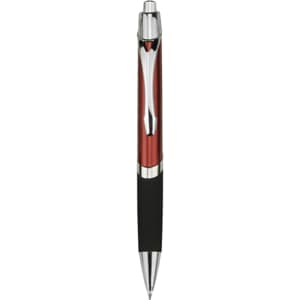 A plastic pen featuring a shiny red barrel, silver accents, and a black grip. It also has branding on it.