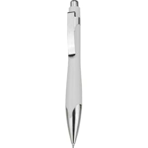 A white plastic pen with a shiny silver clip and trim. The pen has a sleek, modern design and features a branding logo.