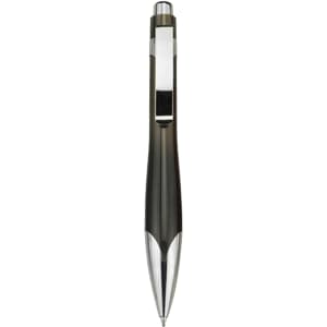 A plastic pen in black with silver accents and a clip, featuring a sleek design and a branding logo.