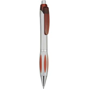 A plastic pen in silver and red, featuring a clip and grip design, with a logo on the barrel.