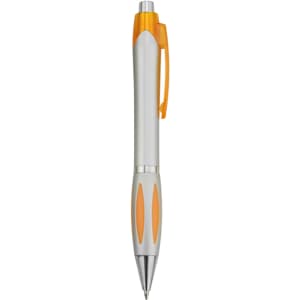 A plastic pen in silver and orange, featuring a sleek design and a clip on top. The pen has a logo on the body.